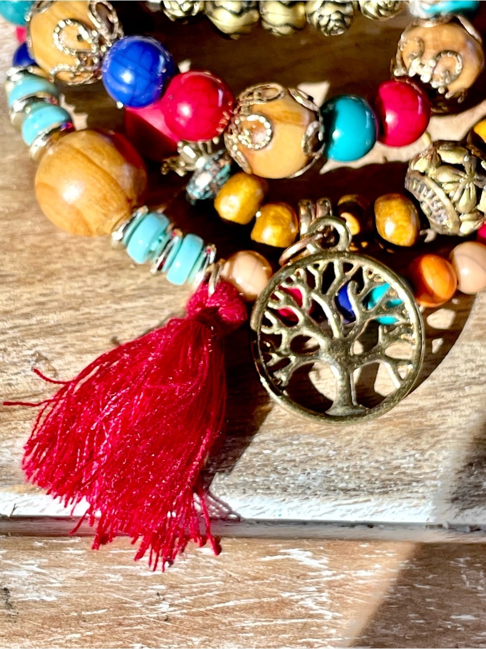 Handcrafted Colorful Beaded Bracelet Stack with Red Tassel & Tree of Life Chatms - Picture 2 of 4